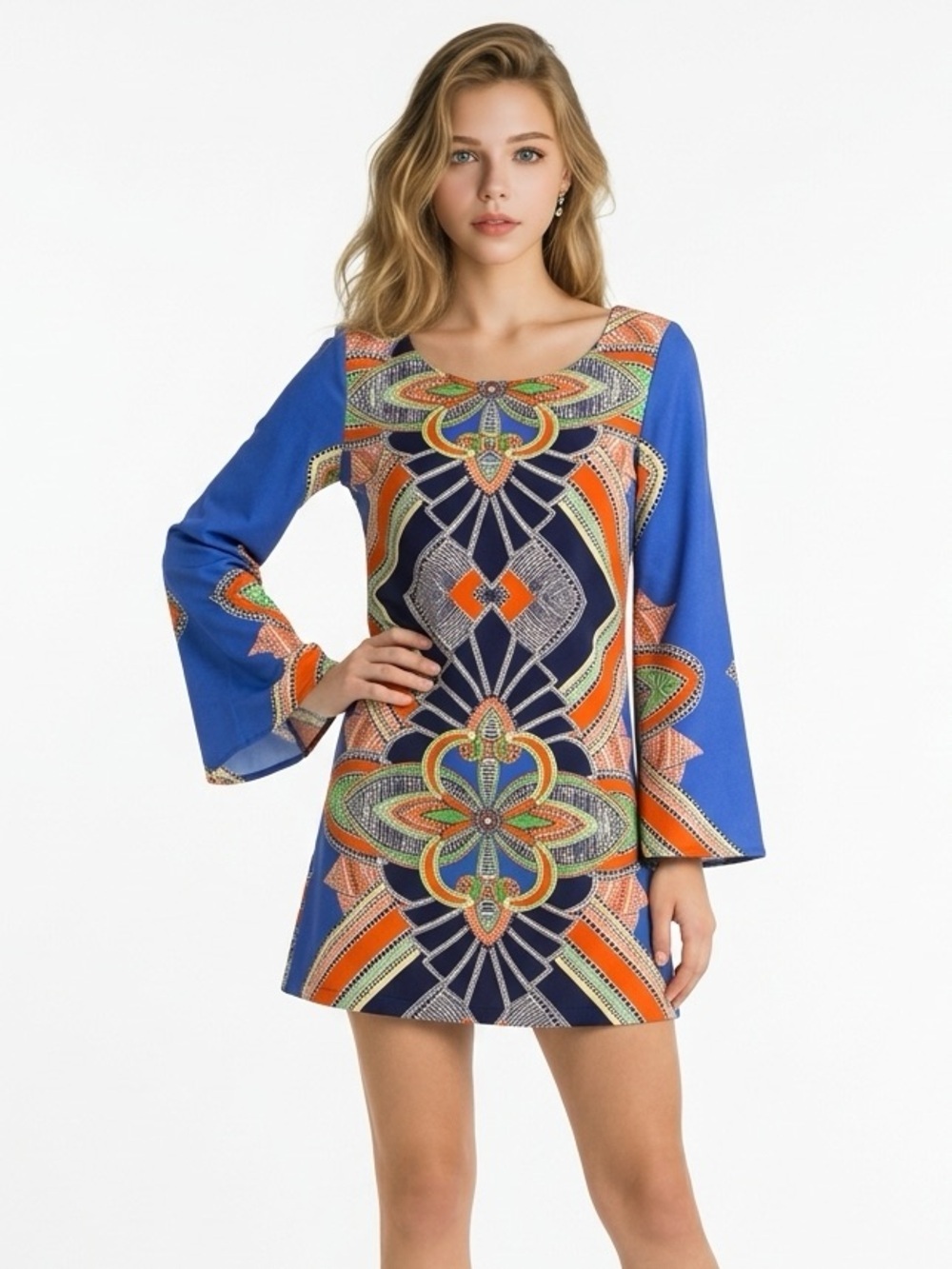 Source Unknown Bold Blue Printed Bell-Sleeve Mini Dress medium 145